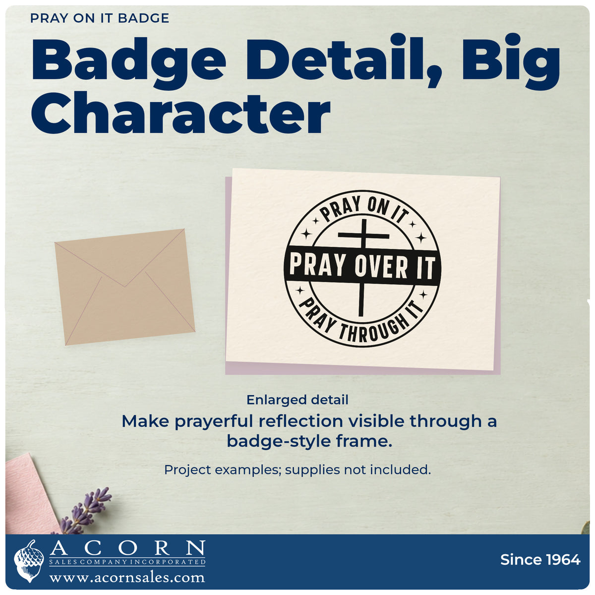 Enlarged detail of the Pray On It Badge Pre-Inked Stamp – Slim imprint. A cross fills a circular badge reading "Pray on it, pray over it, pray through it."