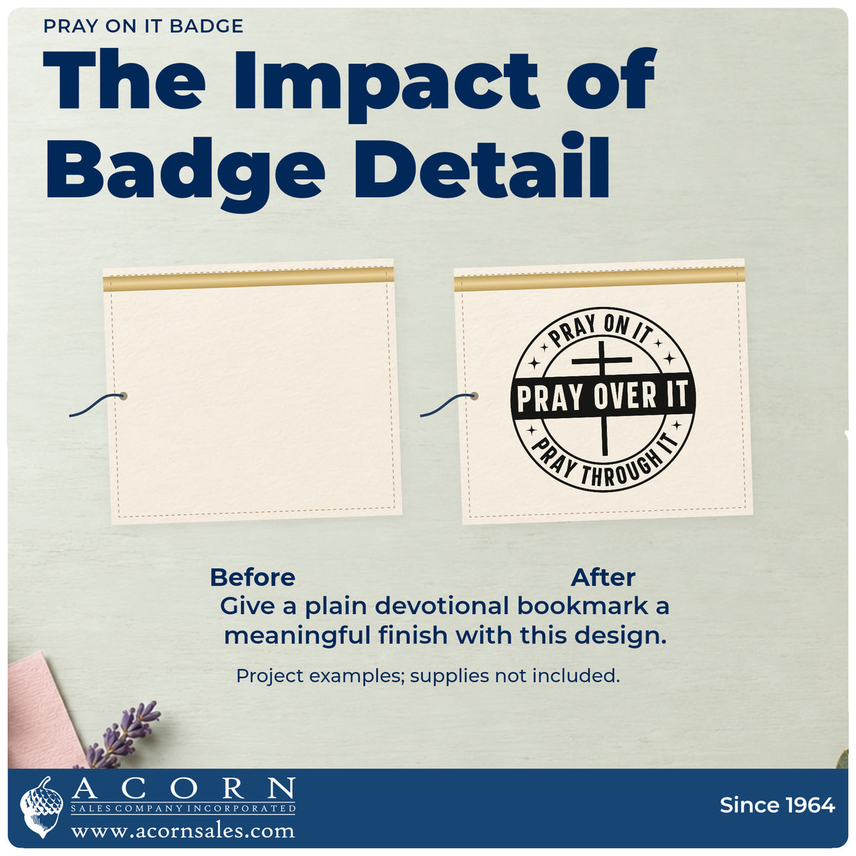 Before and after of a plain item finished with the Pre-Inked Pray On It Badge Stamp – PSI, a quick upgrade for coasters.