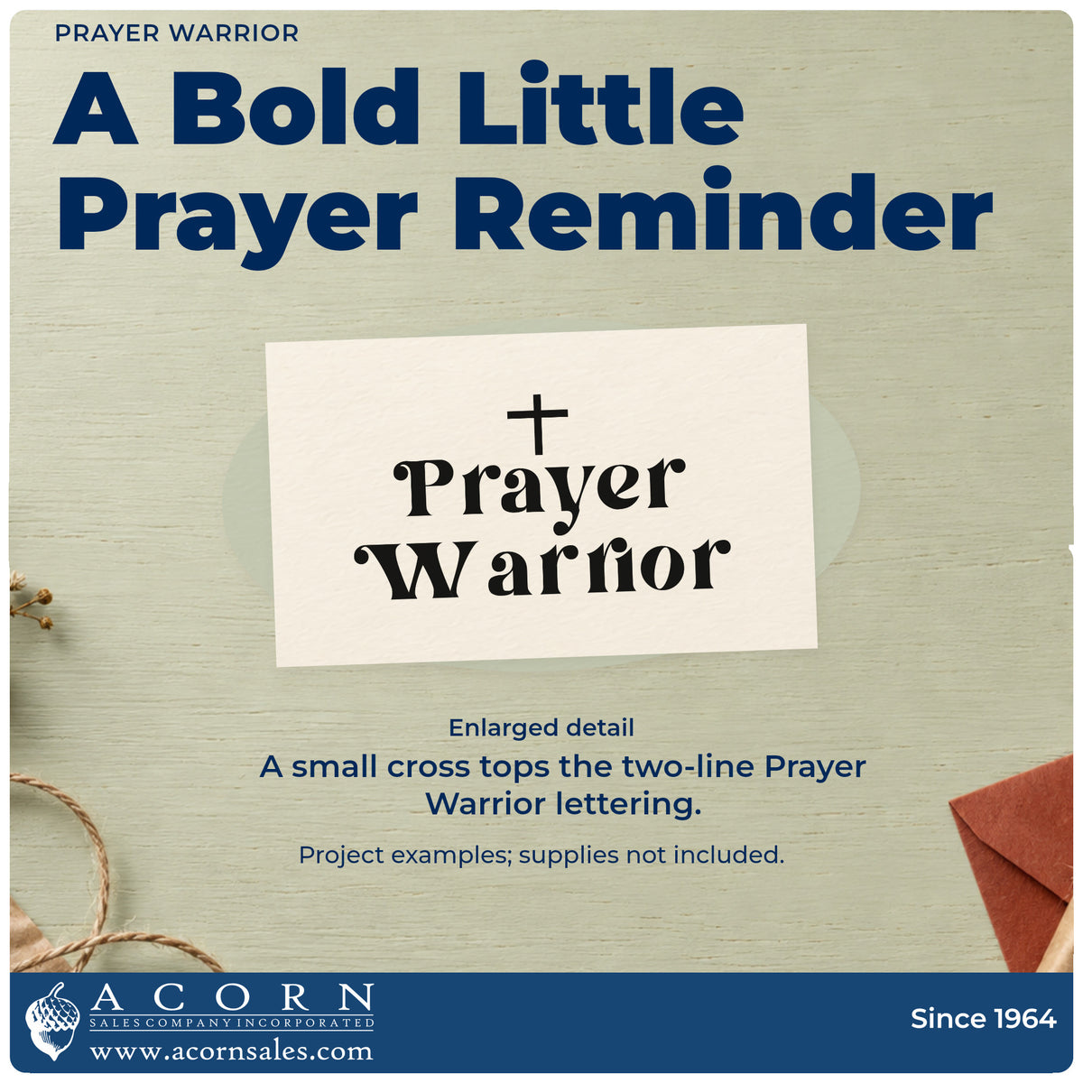 Enlarged detail of the Prayer Warrior Cross Accent Rubber Stamp – Duo Hand imprint. A small cross tops two lines of bold decorative lettering reading "Prayer warrior."