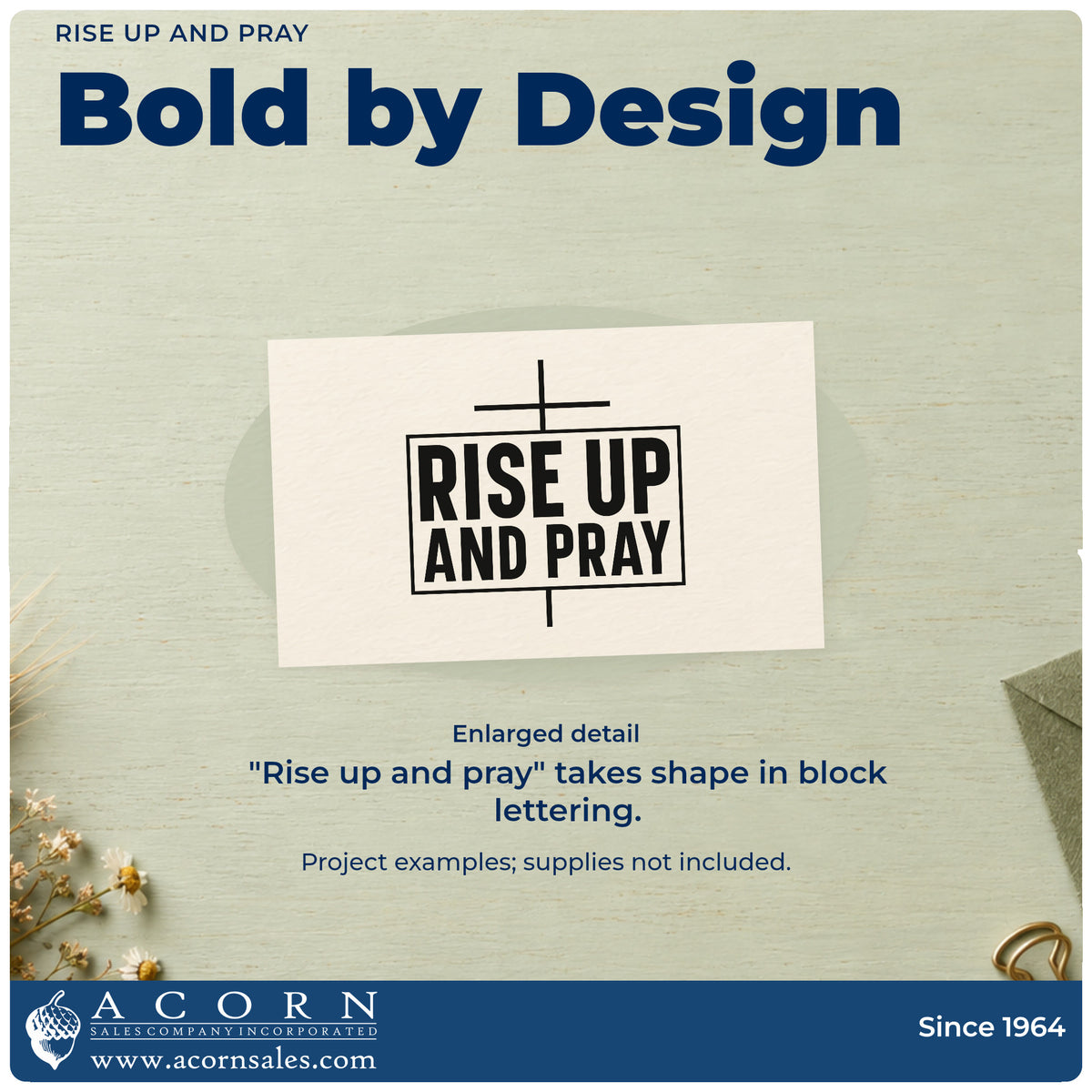 Enlarged detail of the Vintage Pro Rise Up And Pray Premium Wooden Stamp imprint. A large cross extends above and below a framed block of "Rise up and pray" lettering.