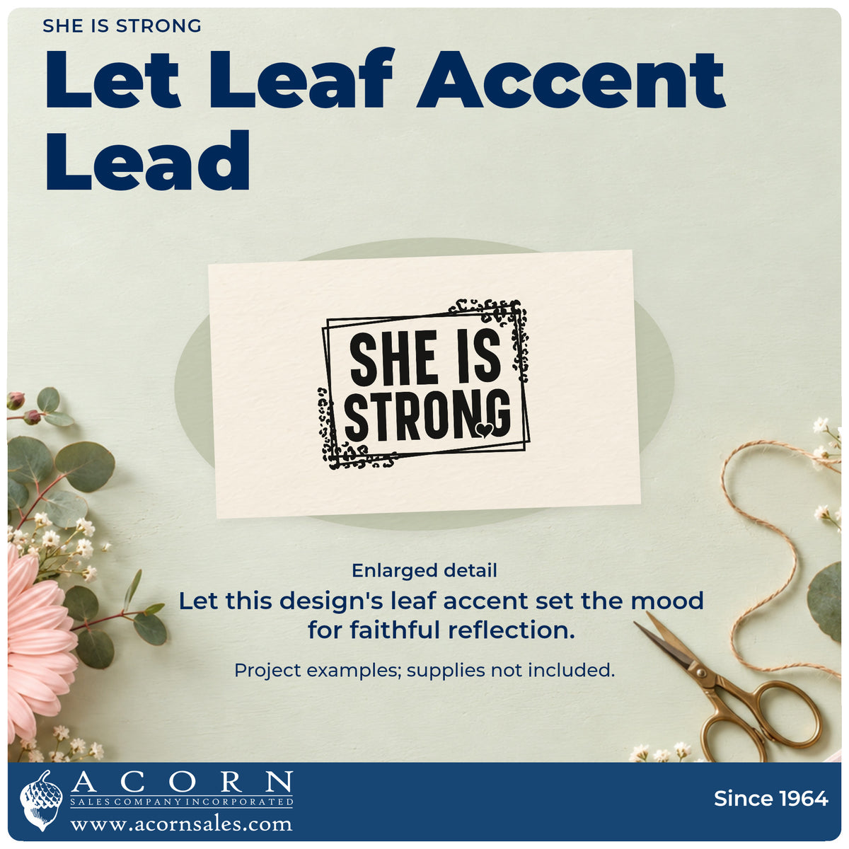 She Is Strong Leaf Accents Pre-Inked Stamp – PSI design shown close up for craft and DIY project inspiration.