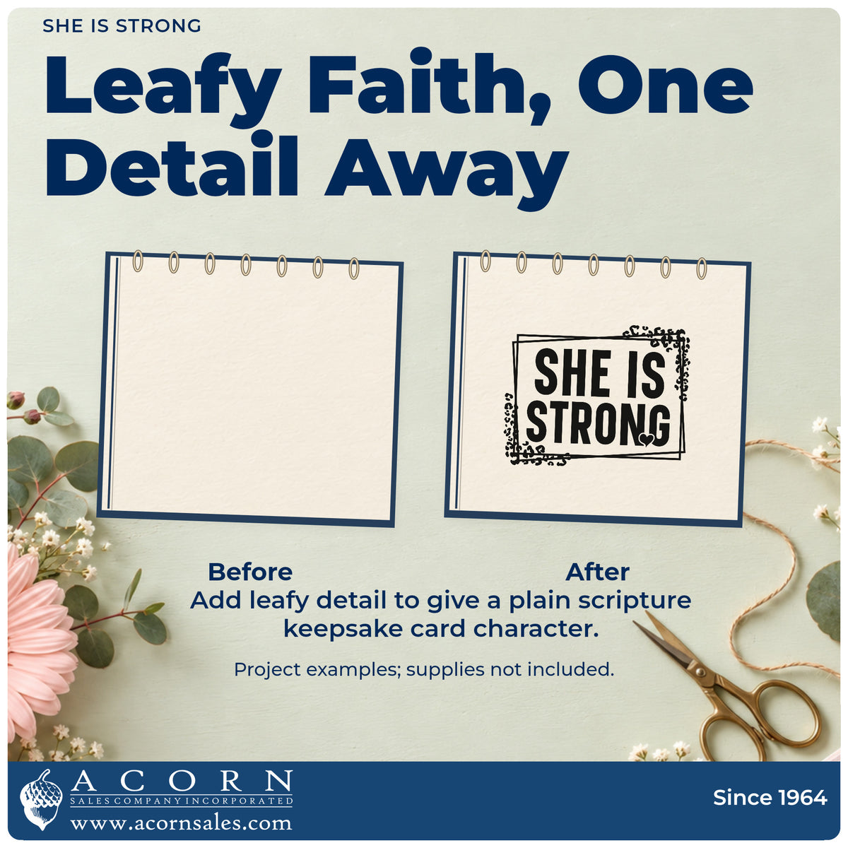 She Is Strong Leaf Accents Pre-Inked Stamp – PSI adding the finishing touch to handmade gifts and packaging.