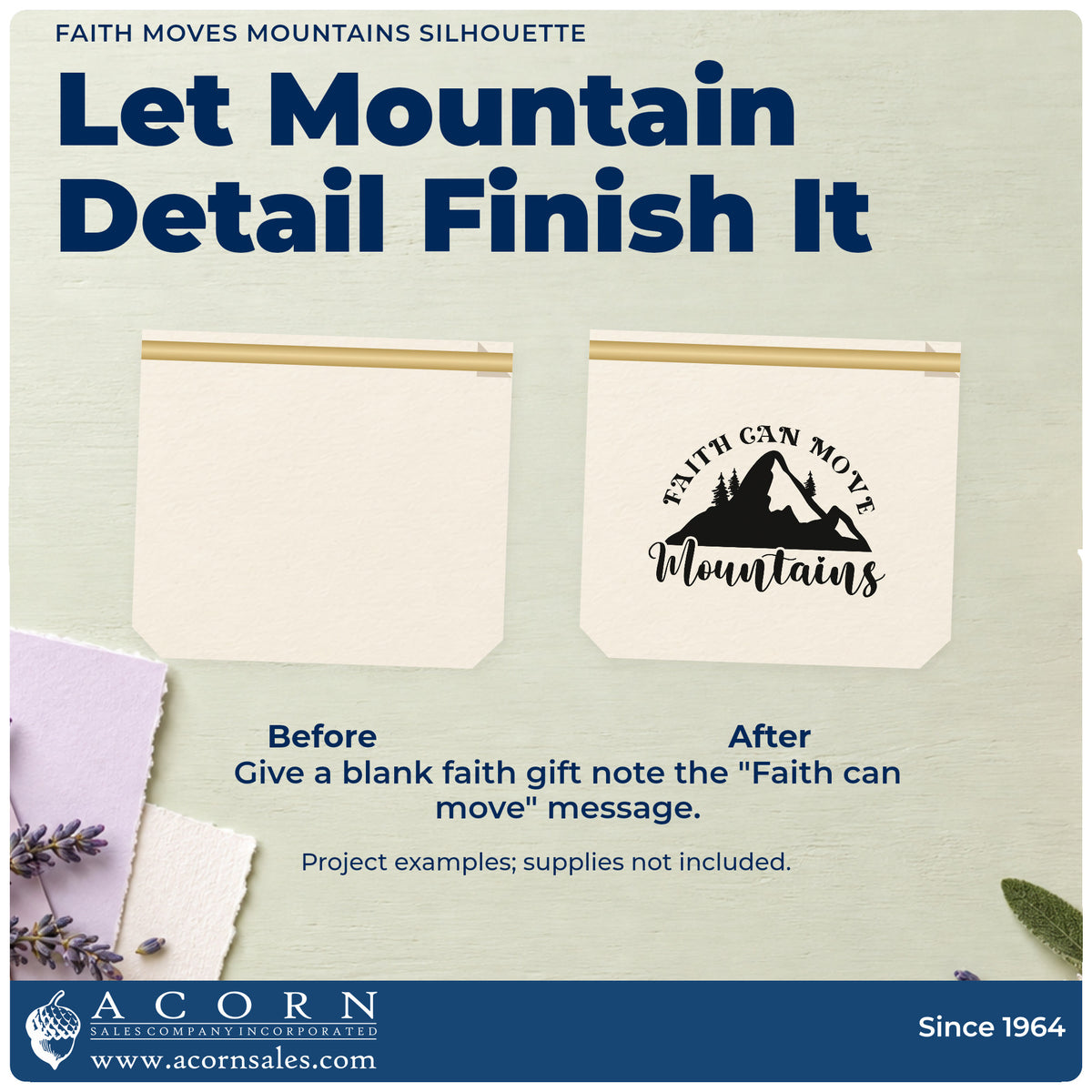 Before and after of a plain item finished with the Faith Moves Mountains Silhouette Tree Motif Premium Wooden Stamp - Vintage Pro, a quick upgrade for ski trip tags.