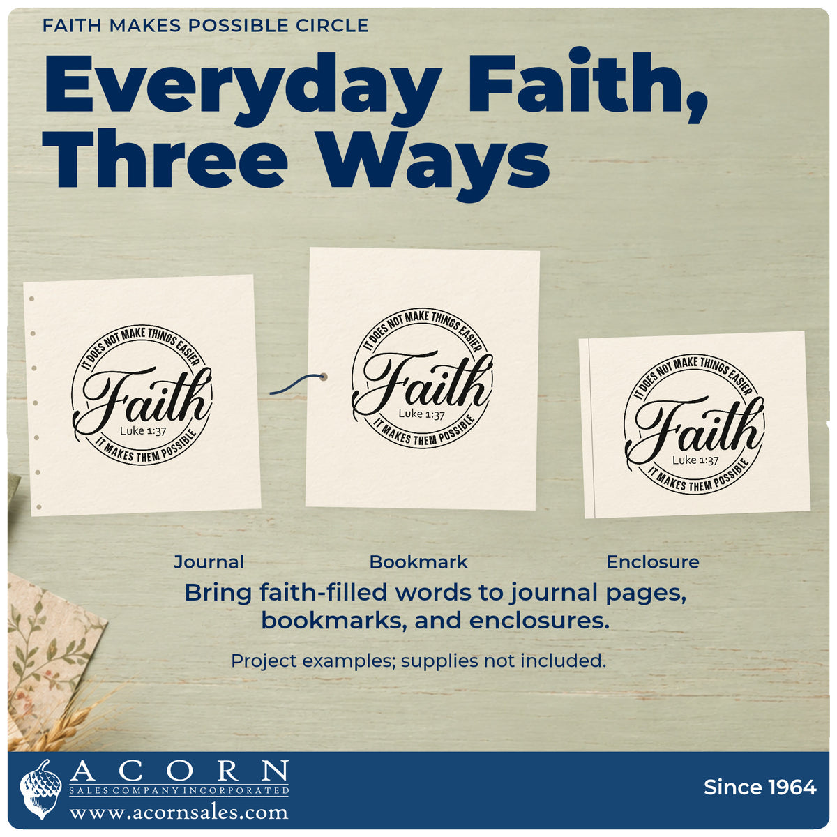 Three project examples made with the Duo Hand Faith Makes Possible Circle Rubber Stamp, including hard year pages.