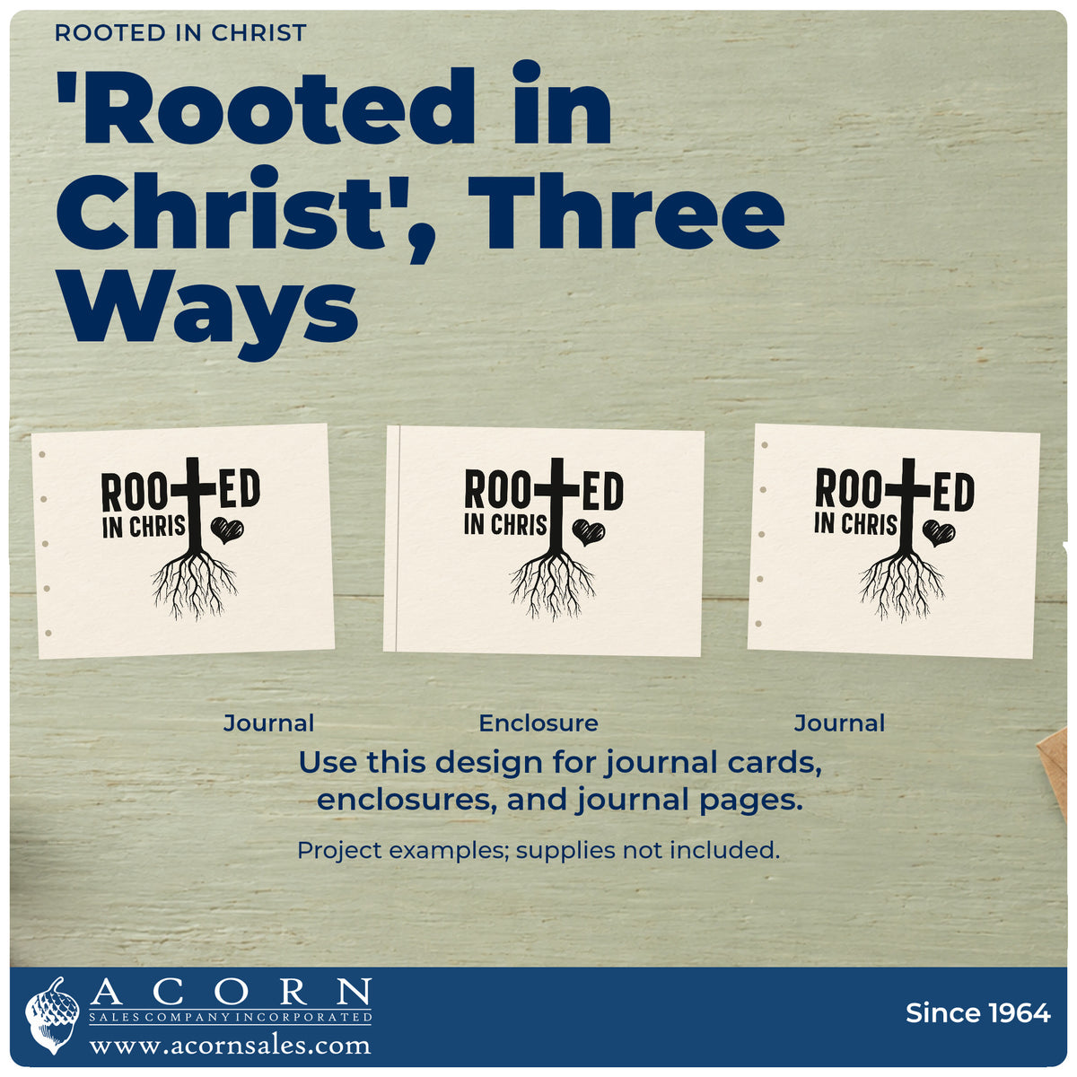 Three project examples made with the Rooted In Christ With Cross Rubber Stamp – Wood Handle, including family tree pages.