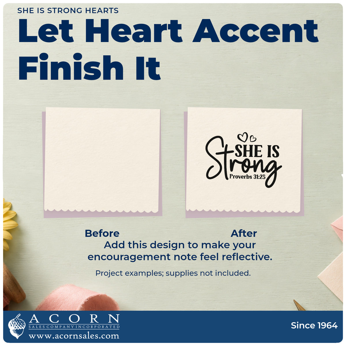 Slim Pre-Inked She Is Strong Hearts Stamp adding the finishing touch to handmade gifts and packaging.