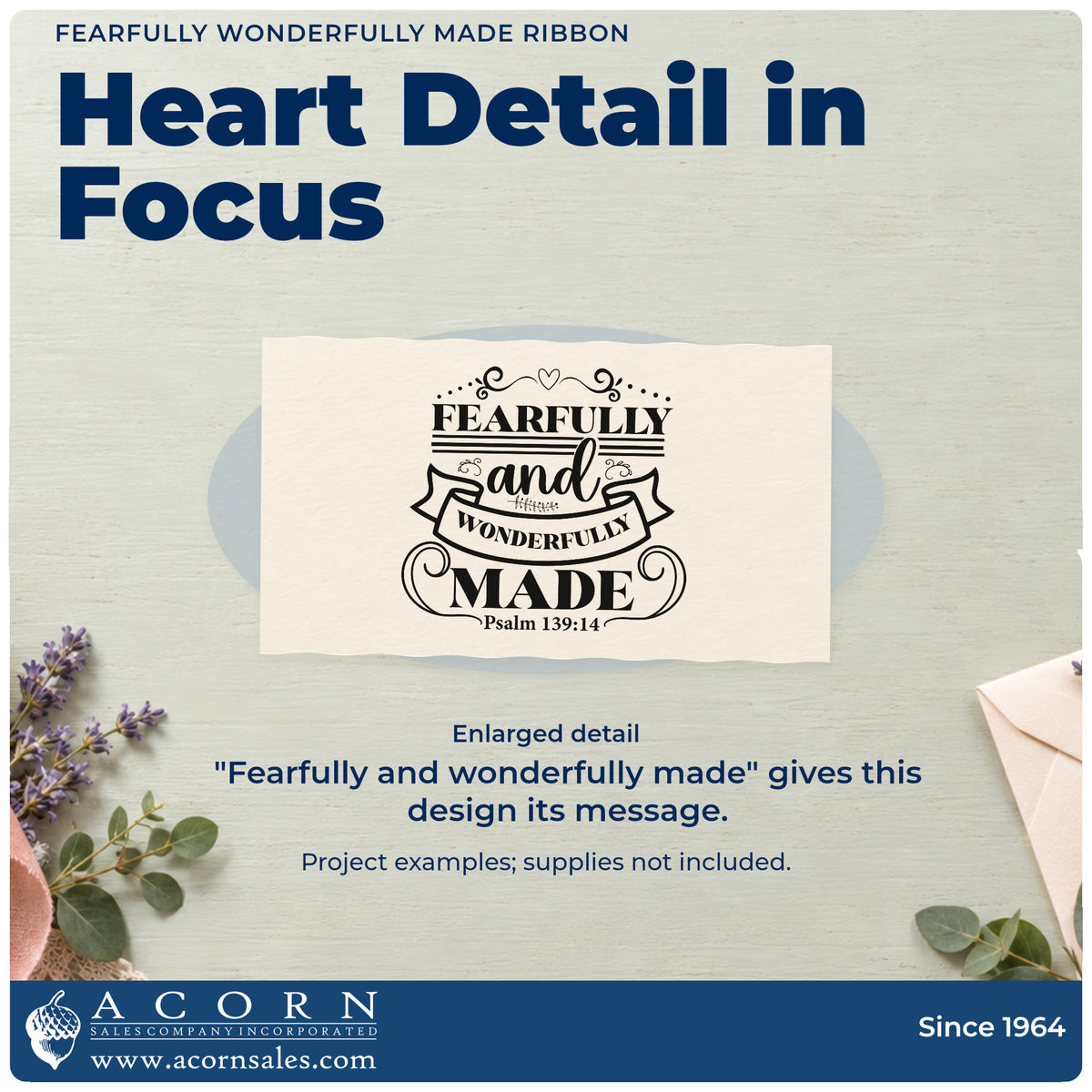 Enlarged detail of the Fearfully Wonderfully Made Ribbon With Hearts PSI Pre-Inked Stamp imprint. A curved ribbon, heart, and flourishes decorate "Fearfully and wonderfully made," with Psalm 139:14.