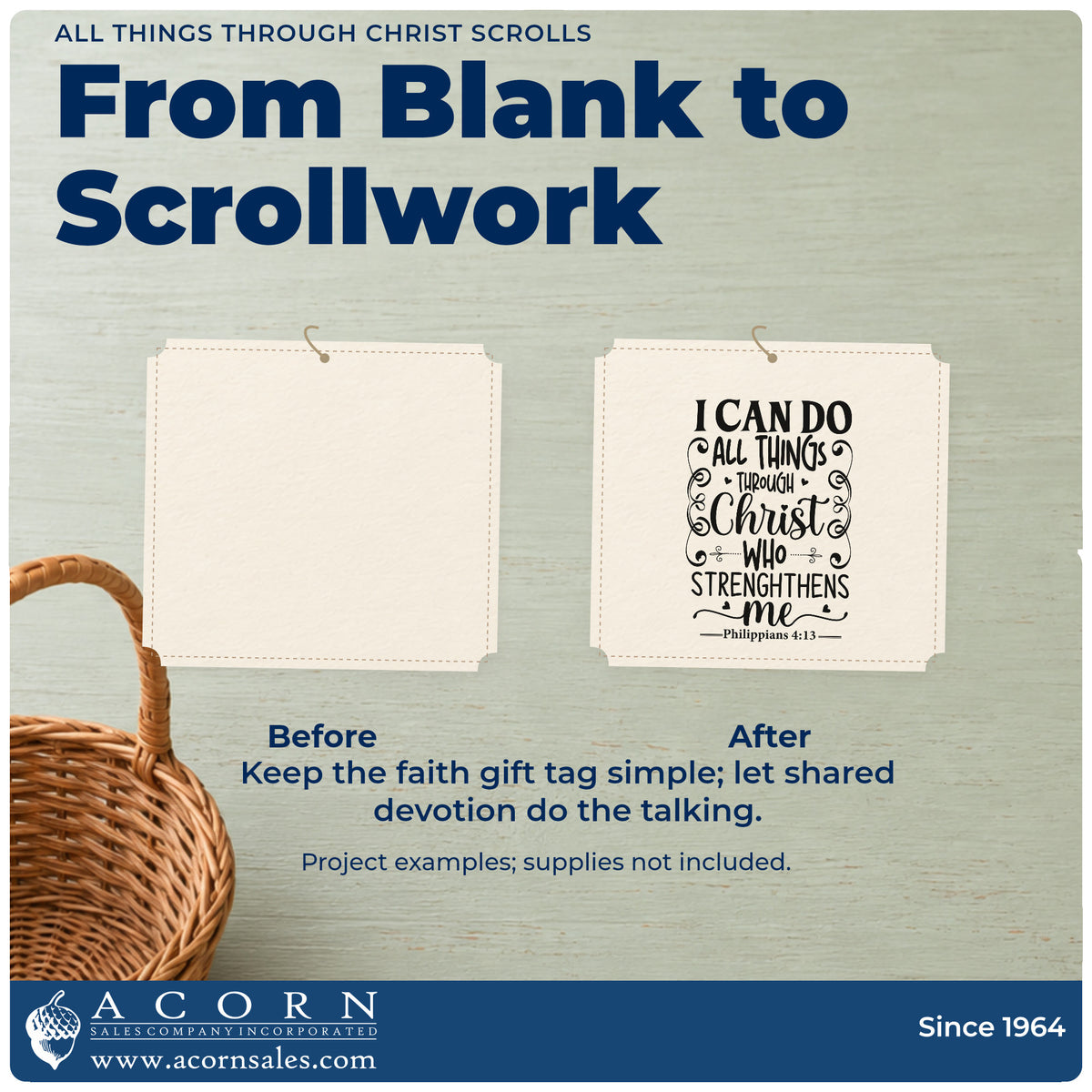 Before and after of a plain item finished with the Slim Pre-Inked All Things Through Christ Scrolls Stamp, a quick upgrade for band competition notes.