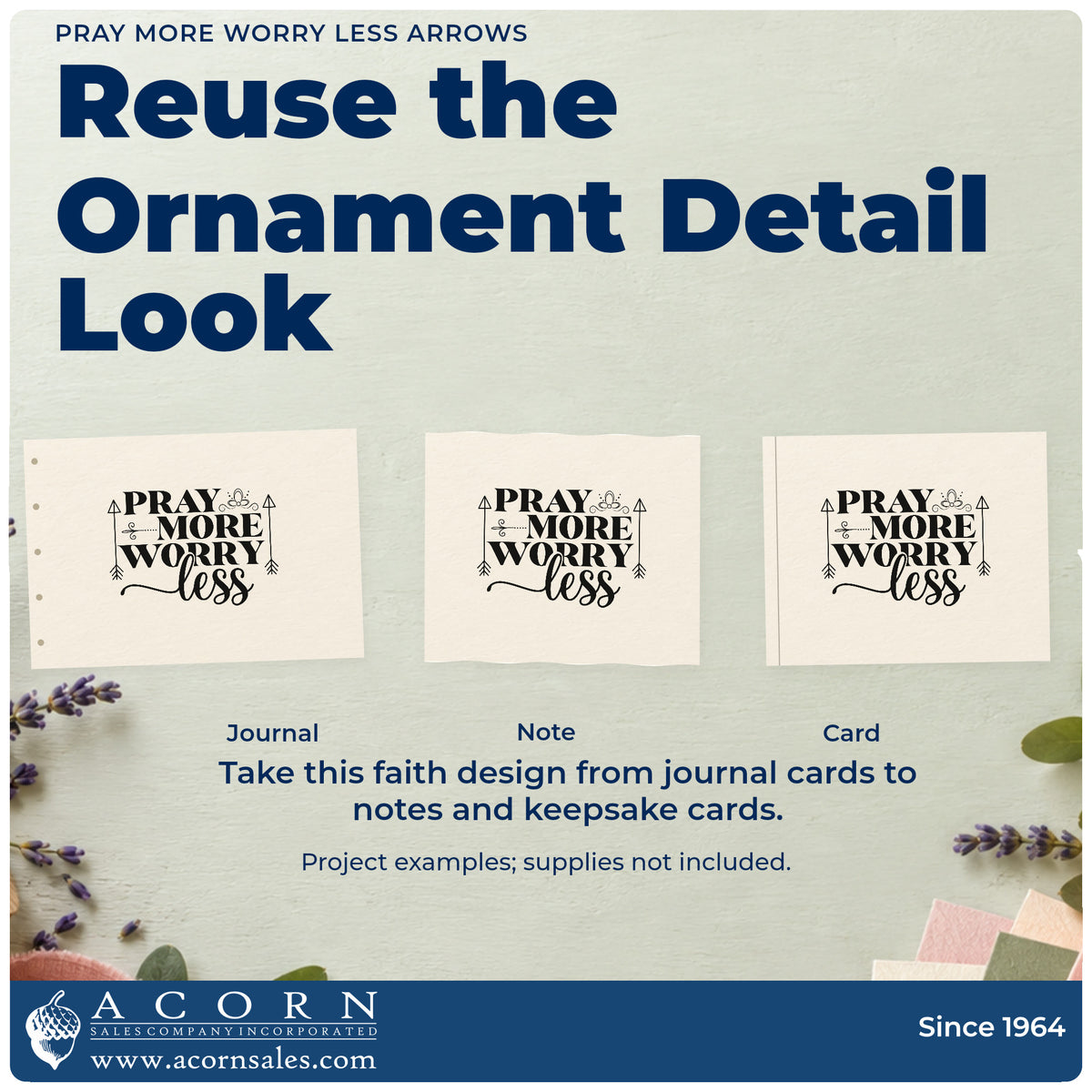 Three project examples made with the Pray More Worry Less Arrows Self-Inking Stamp, including calm pages.