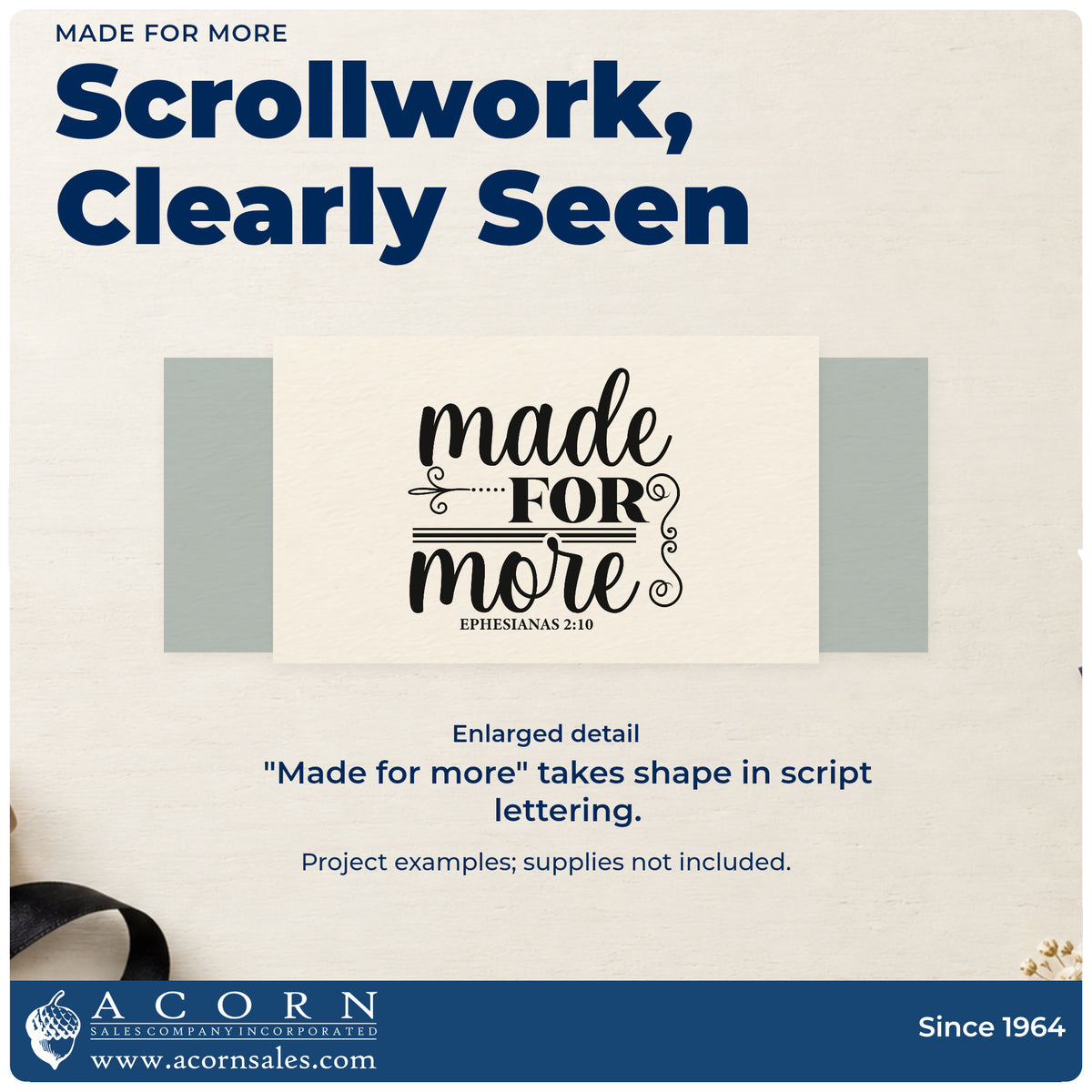 Enlarged detail of the Made For More Premium Wood-Mounted Stamp - Vintage Pro imprint. Large script and serif lettering reads "Made for more," with scrolls, rules, and Ephesians 2:10.
