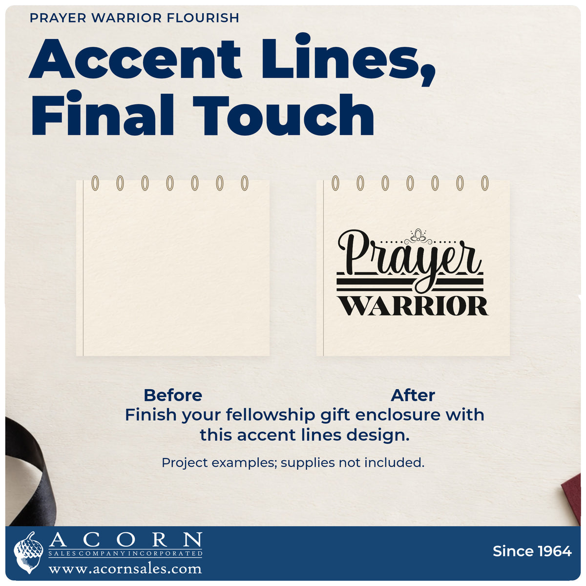Before and after of a plain item finished with the PSI Pre-Inked Prayer Warrior Flourished Lettering Stamp, a quick upgrade for hospital prayer cards.