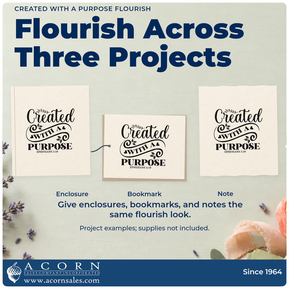 Three project examples made with the Created With A Purpose Flourish Self-Inking Stamp, including portrait pages.