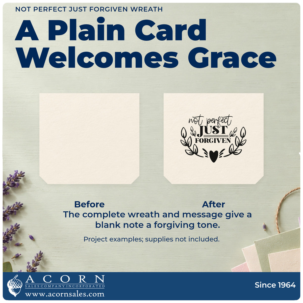 Before and after of a plain item finished with the Not Perfect Just Forgiven Wreath Self-Inking Stamp, a quick upgrade for recovery group gifts.