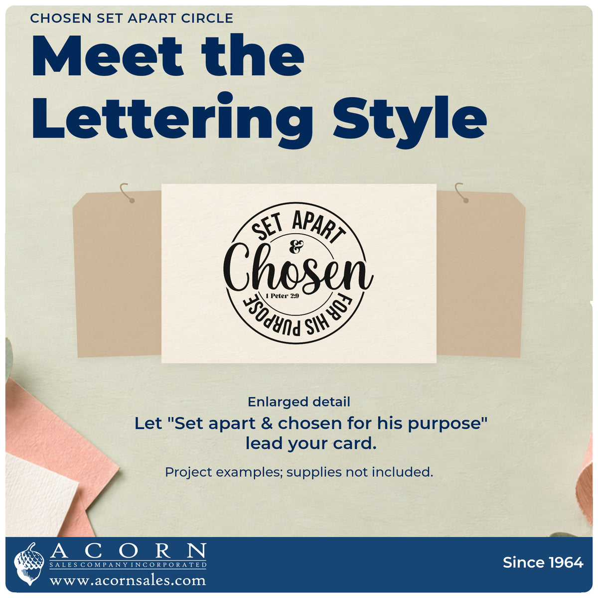 Enlarged detail of the Chosen Set Apart Circle Pre-Inked Stamp – Slim imprint. A circular design reads "Set apart & chosen for his purpose," with 1 Peter 2:9.