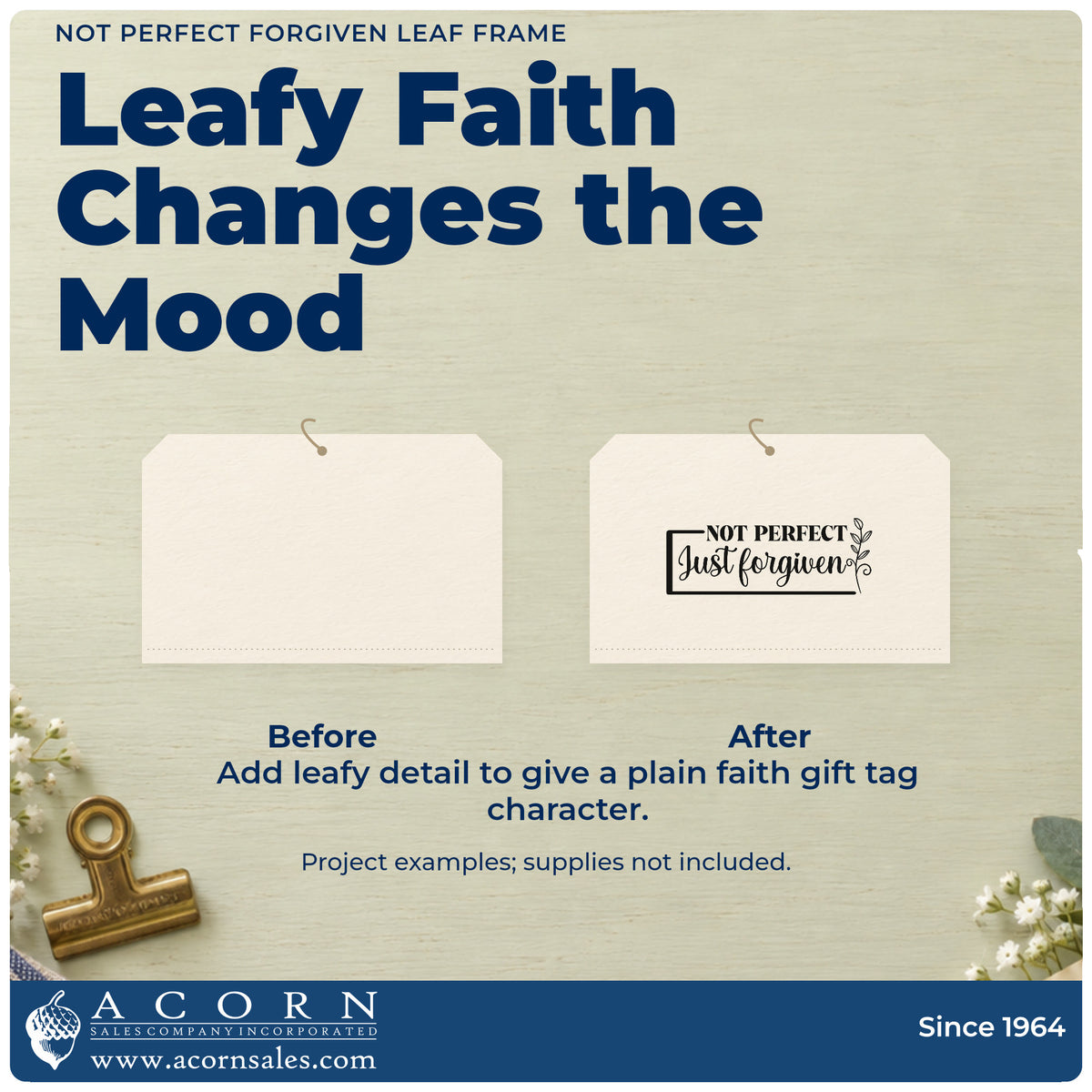 Before and after of a plain item finished with the Not Perfect Forgiven Leaf Frame Slim Pre-Inked Stamp, a quick upgrade for reentry welcome kits.