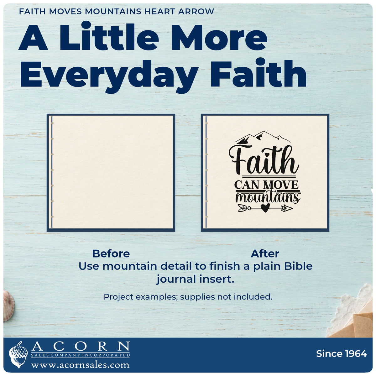 Before and after of a plain item finished with the Vintage Pro Mountain-Moving Faith Heart Arrow Premium Wooden Stamp, a quick upgrade for engagement hike favors.