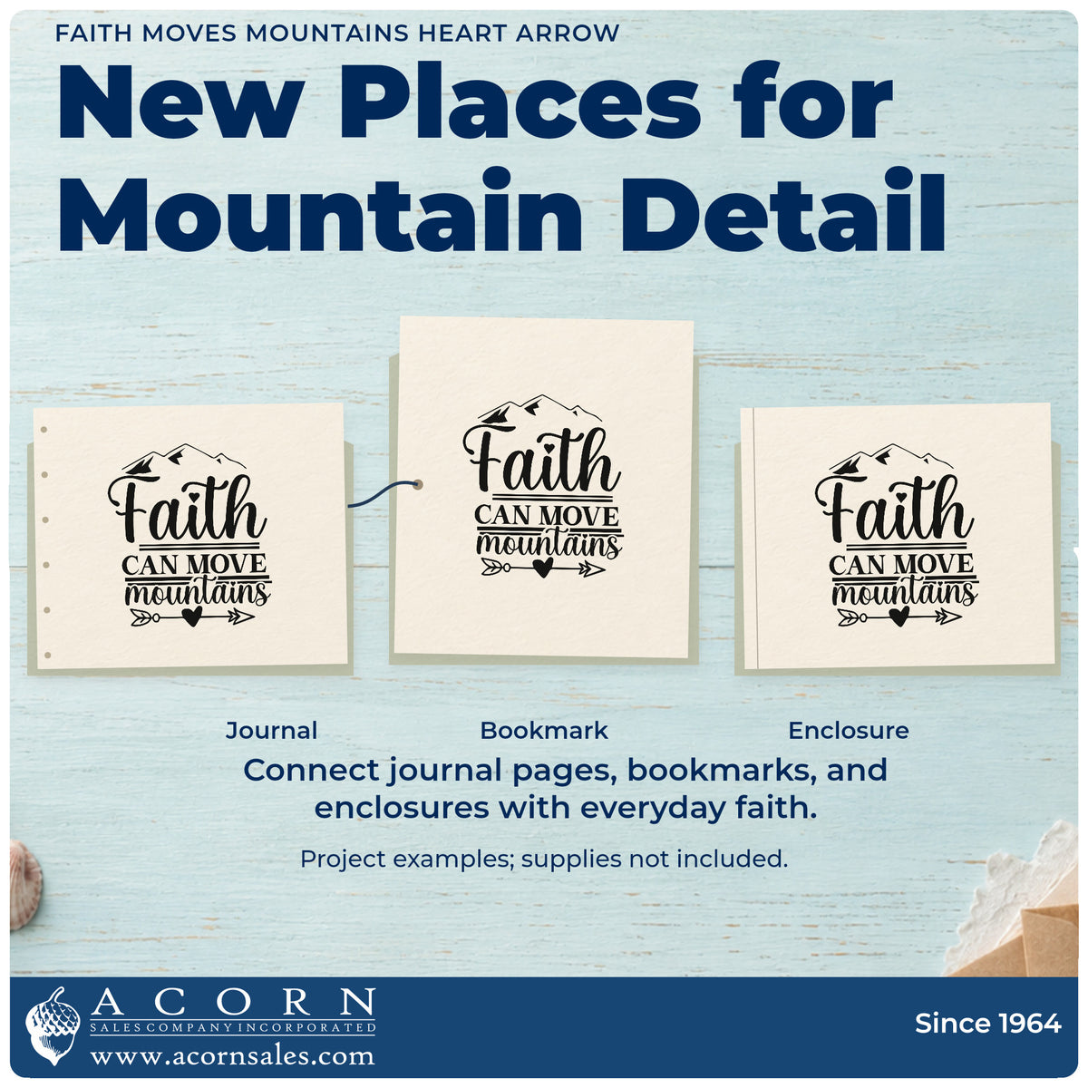 Three project examples made with the Mountain-Moving Faith Heart Arrow Wood Handle Stamp, including summit pages.