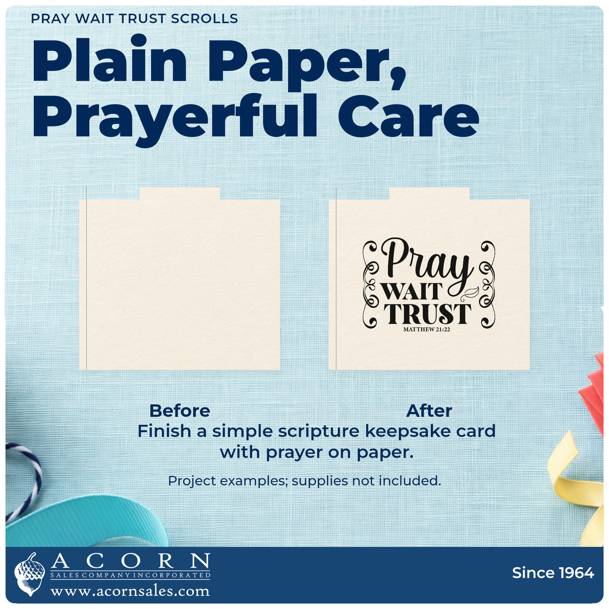 Before and after of a plain item finished with the Pray Wait Trust Scrolls Frame Accent PSI Pre-Inked Stamp, a quick upgrade for planner month covers.