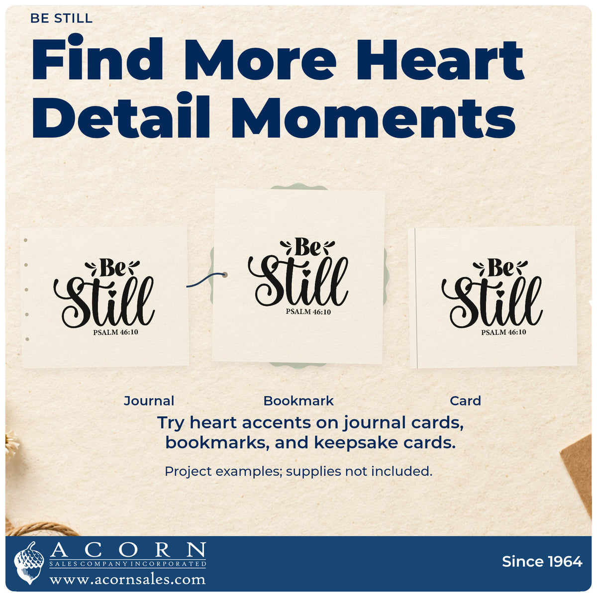 Three project examples made with the Be Still With Hearts PSI Pre-Inked Stamp, including quiet pages.