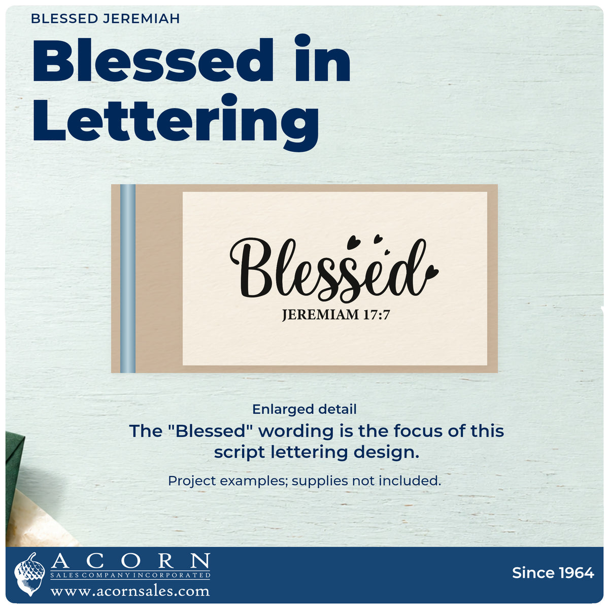 Enlarged detail of the Blessed Jeremiah Self-Inking Stamp imprint. Large "Blessed" script with a heart accent appears above Jeremiah 17:7.