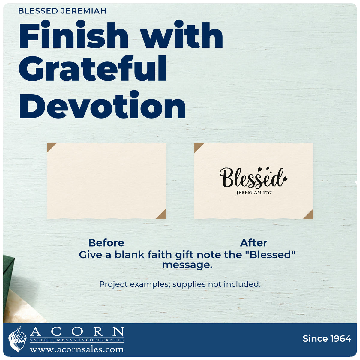 Before and after of a plain item finished with the Blessed Jeremiah Self-Inking Stamp, a quick upgrade for baby shower favors.