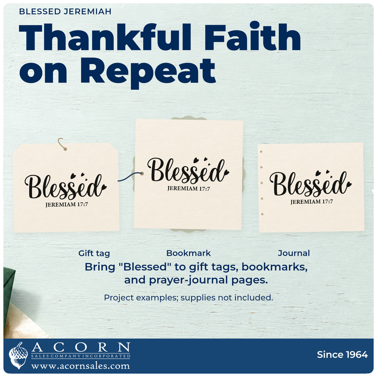Three project examples made with the Blessed Jeremiah Slim Pre-Inked Stamp, including gratitude pages.