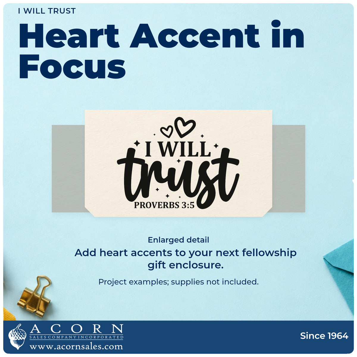Enlarged detail of the I Will Trust Pre-Inked Stamp – PSI imprint. Hearts and sparkles accent "I will trust," with Proverbs 3:5 below.