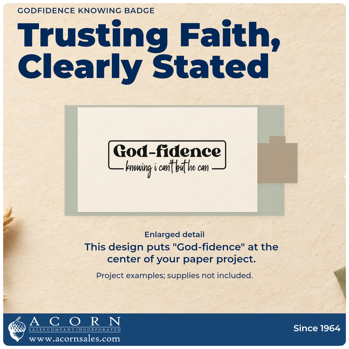Enlarged detail of the Godfidence Knowing Badge Self-Inking Stamp imprint. A rounded rectangular outline frames "God-fidence," with "Knowing I can't but he can" beneath.