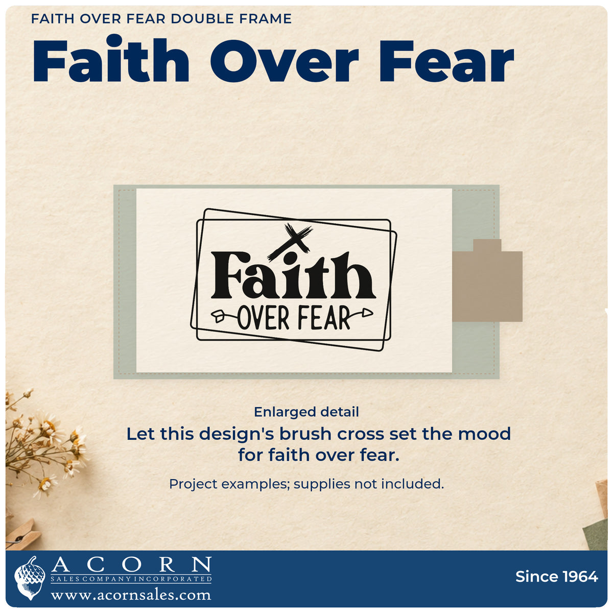 Enlarged detail of the Faith Over Fear Double Framed Lettering PSI Pre-Inked Stamp imprint. A tilted brushstroke cross tops "Faith over fear" within overlapping rectangular frames.