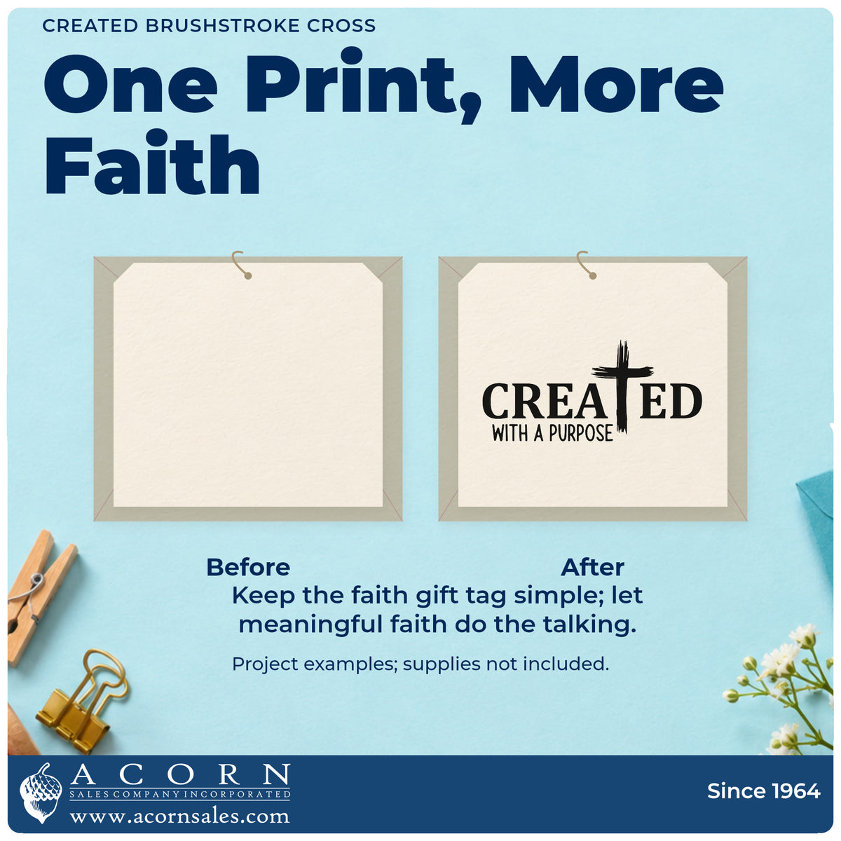 Before and after of a plain item finished with the Created With A Brushstroke Cross Self-Inking Craft Stamp, a quick upgrade for special needs welcomes.