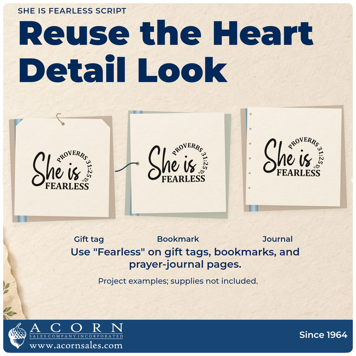 Three project examples made with the She Is Fearless Script Lettering Stamp – Self-Inking, including brave girl pages.