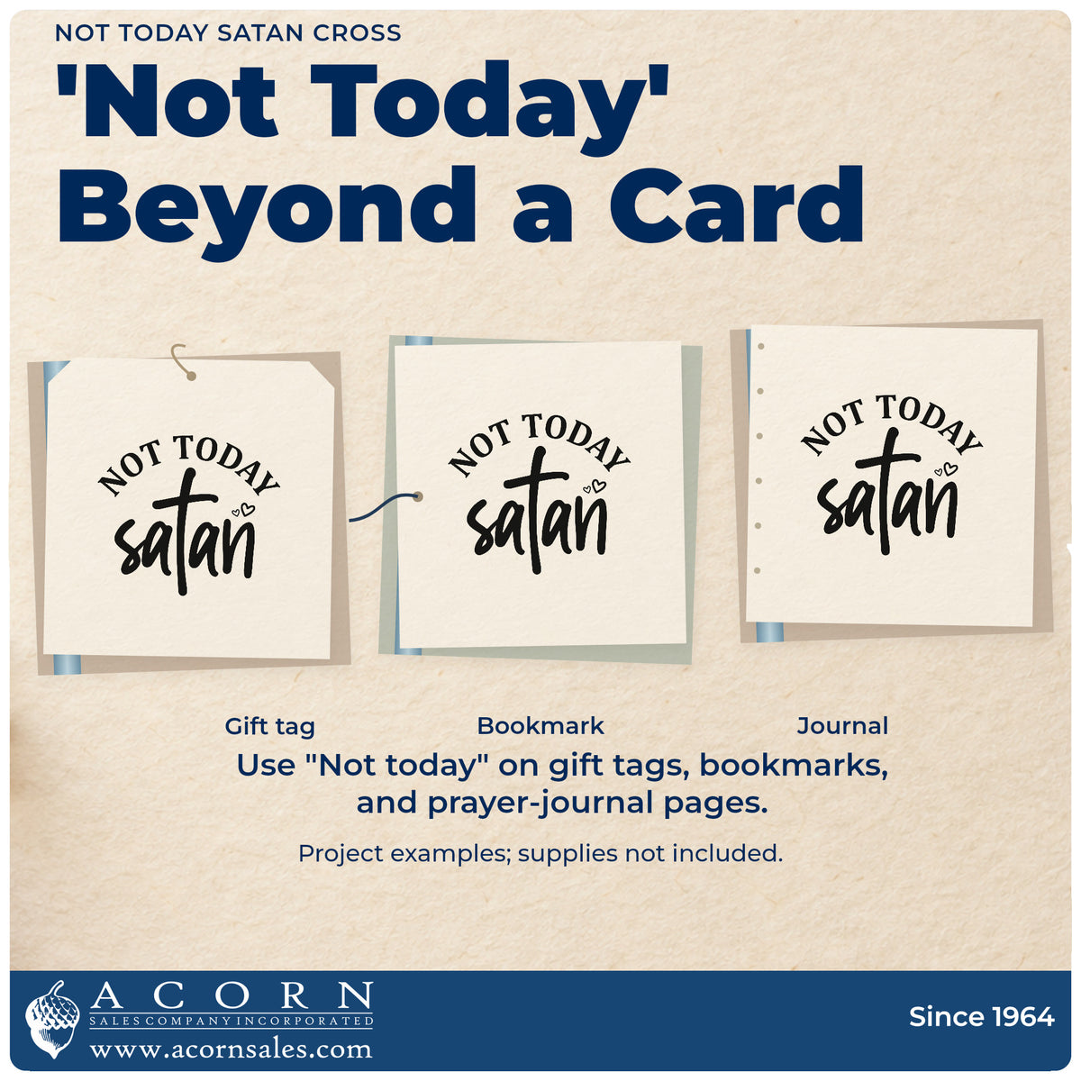 Three project examples made with the Vintage Pro Not Today Satan Cross Premium Wooden Stamp, including victory pages.