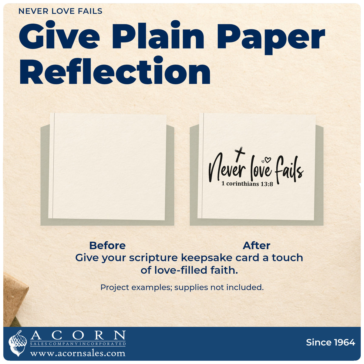 Before and after of a plain item finished with the Never Love Fails Scripture Lettering PSI Pre-Inked Stamp, a quick upgrade for ring box labels.