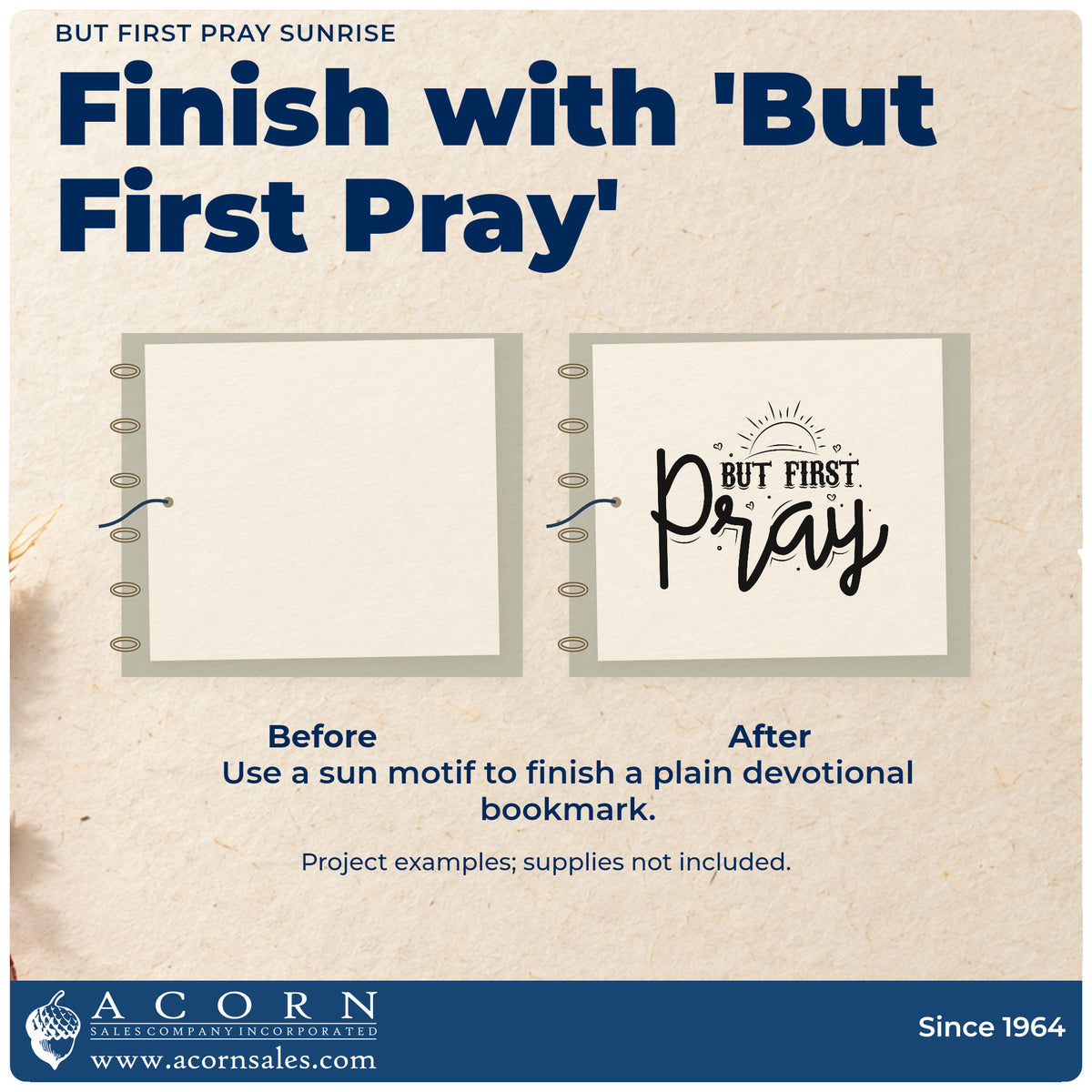 Before and after of a plain item finished with the But First Pray Sunrise With Hearts Hand Stamp – Duo, a quick upgrade for alarm clock notes.