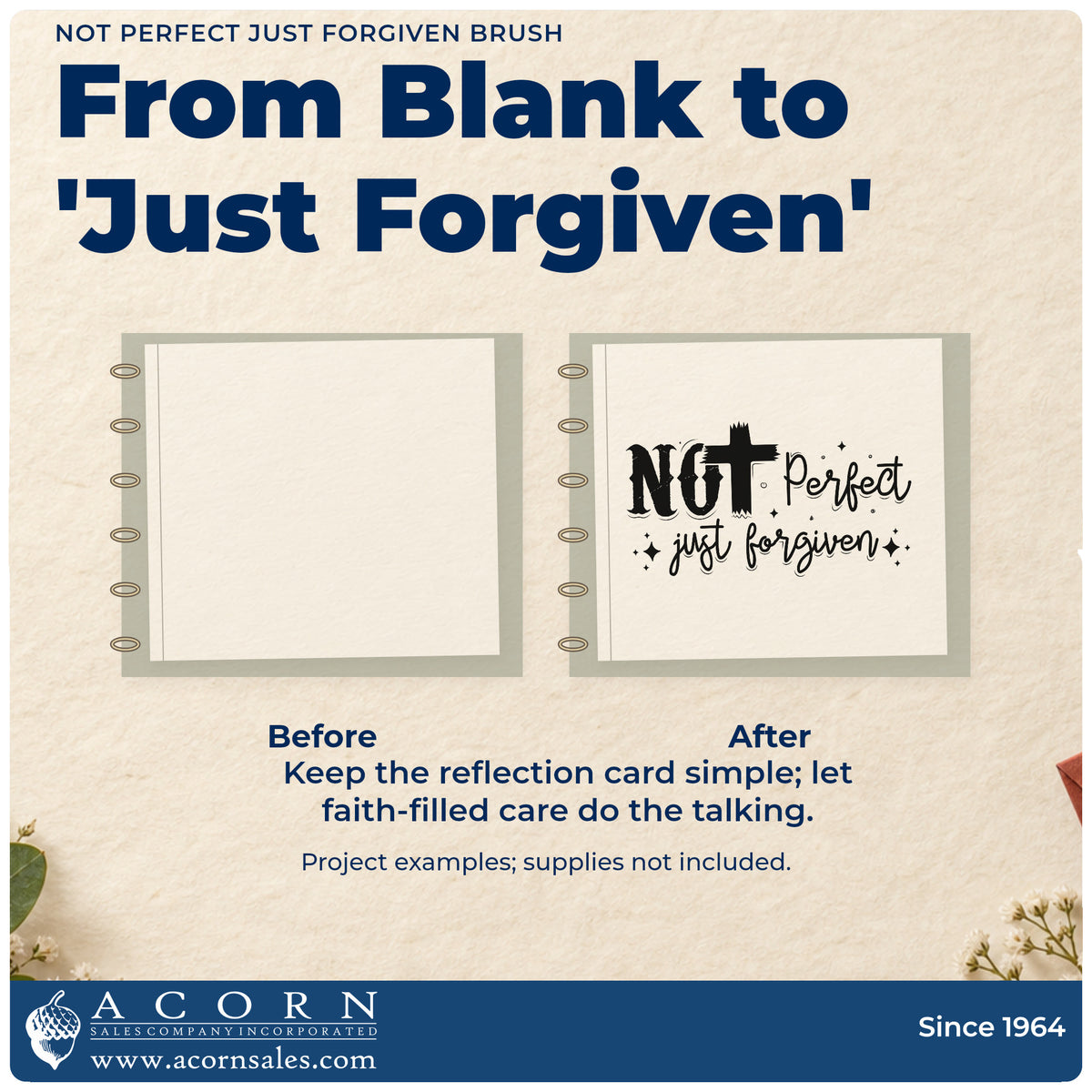 Before and after of a plain item finished with the Self-Inking Not Perfect Just Forgiven Brush Stamp, a quick upgrade for reentry welcome kits.