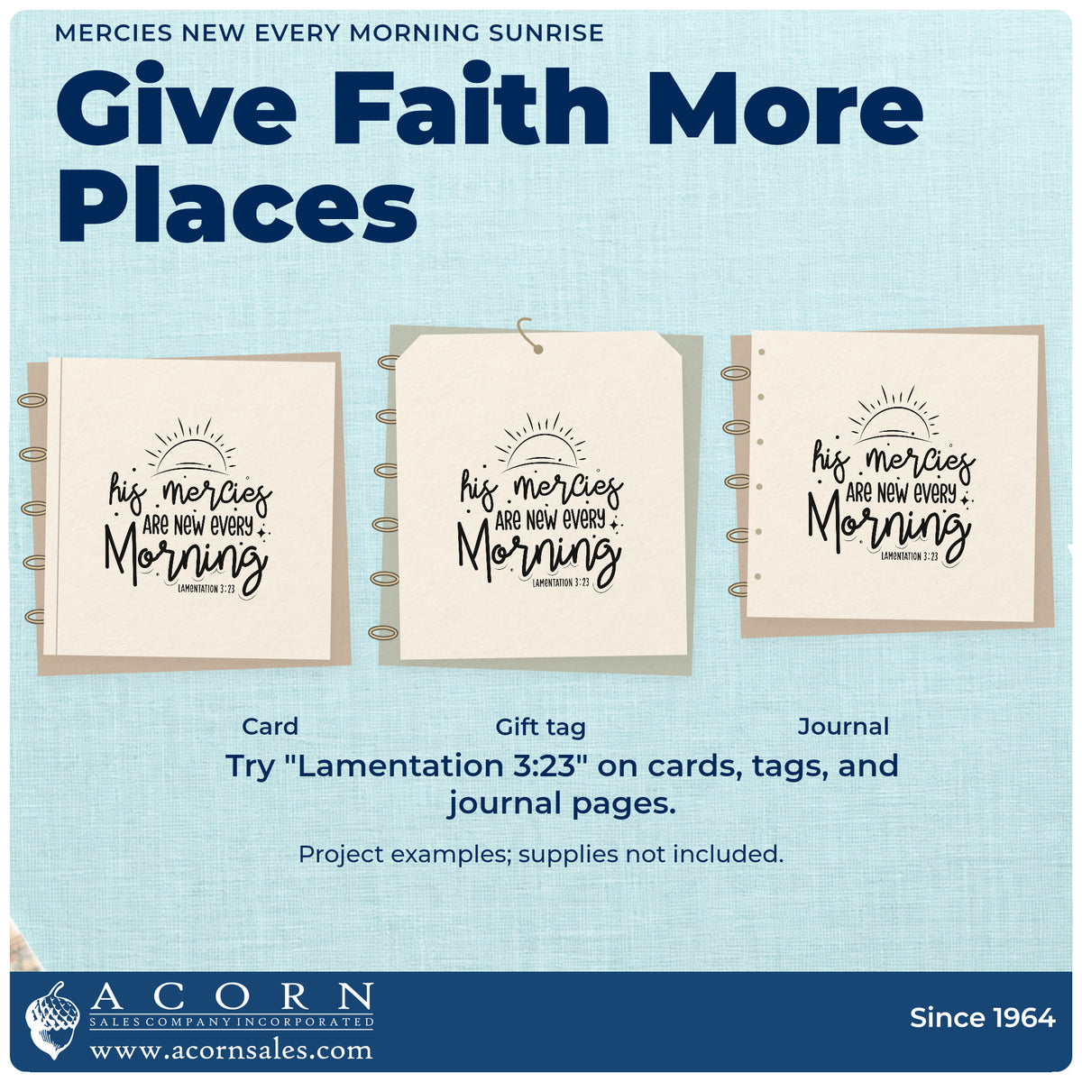 Three project examples made with the Vintage Pro New Morning Mercies Rising Sun Premium Wooden Stamp, including morning pages.