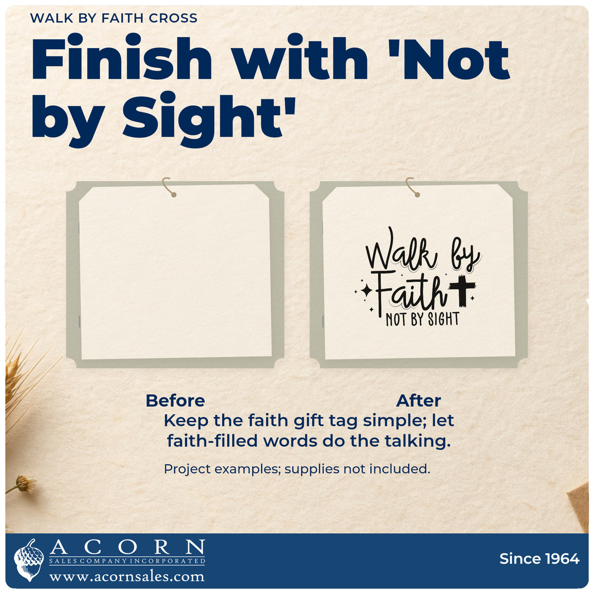 Before and after of a plain item finished with the Walk By Faith Cross Self-Inking Stamp, a quick upgrade for vision board cards.