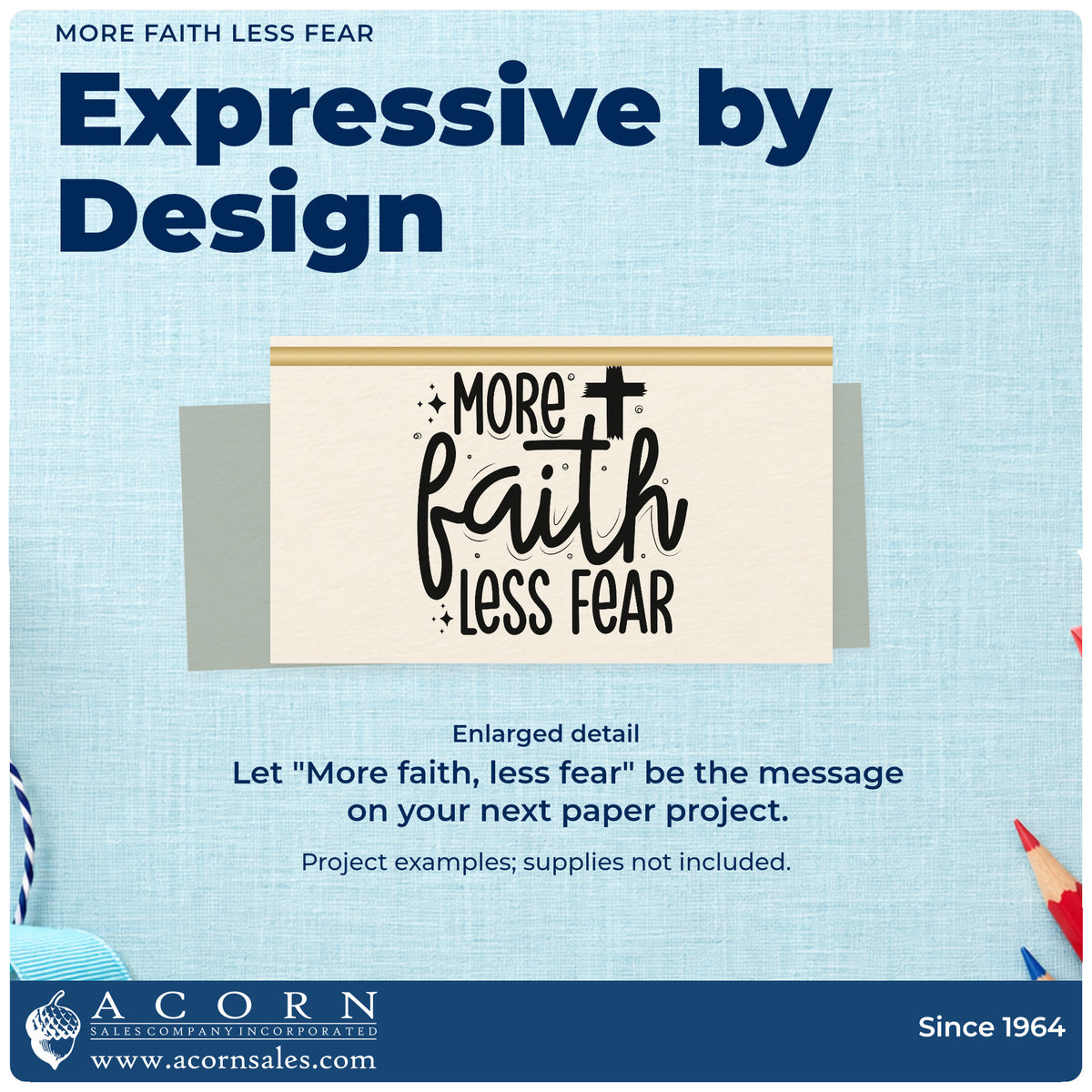 More Faith Less Fear Stamp – Wood Handle design shown close up for craft and DIY project inspiration.