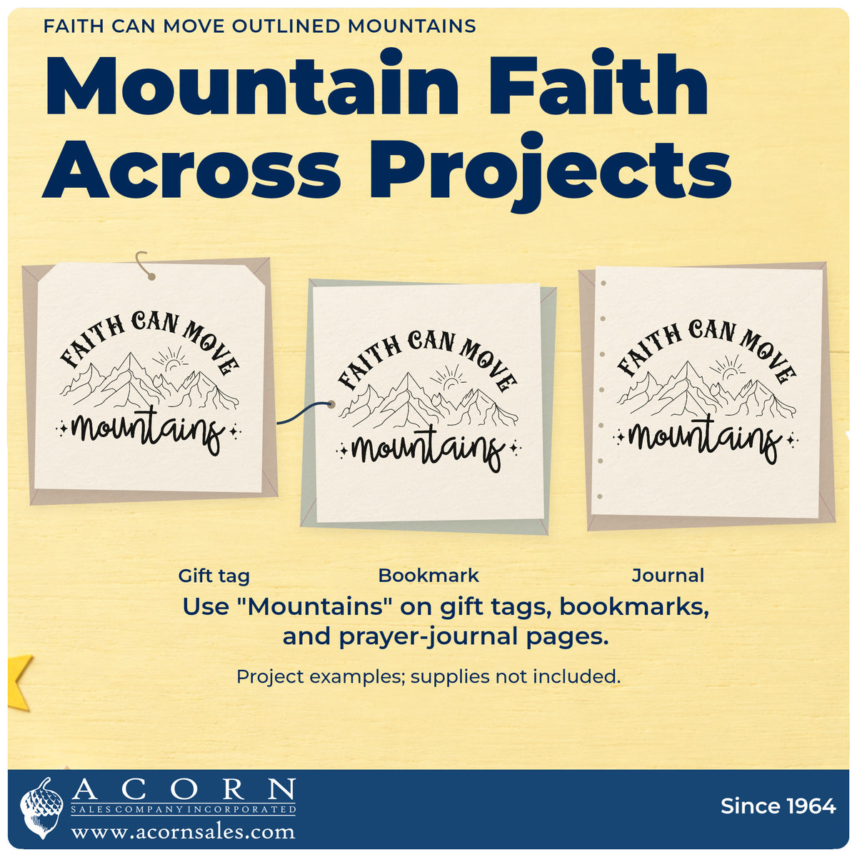 Three project examples made with the Faith Can Move Outlined Mountains Script Lettering Self-Inking Stamp, including adventure scrapbooks.
