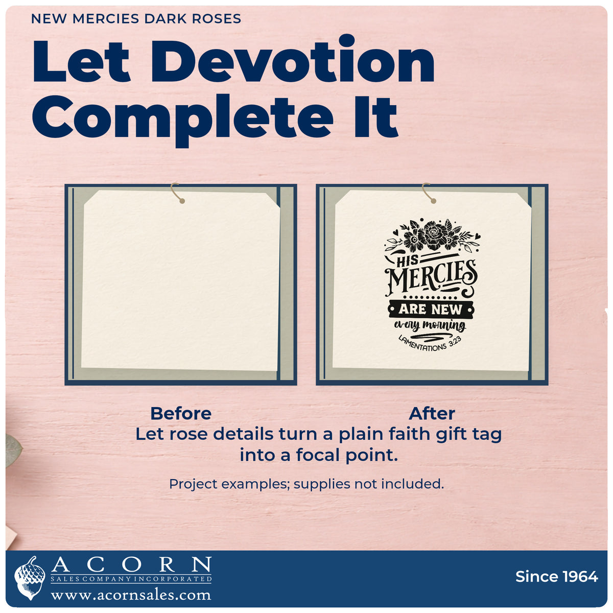 Before and after of a plain item finished with the Pre-Inked New Mercies Solid Roses Botanical Sprig Stamp – PSI, a quick upgrade for widow care totes.