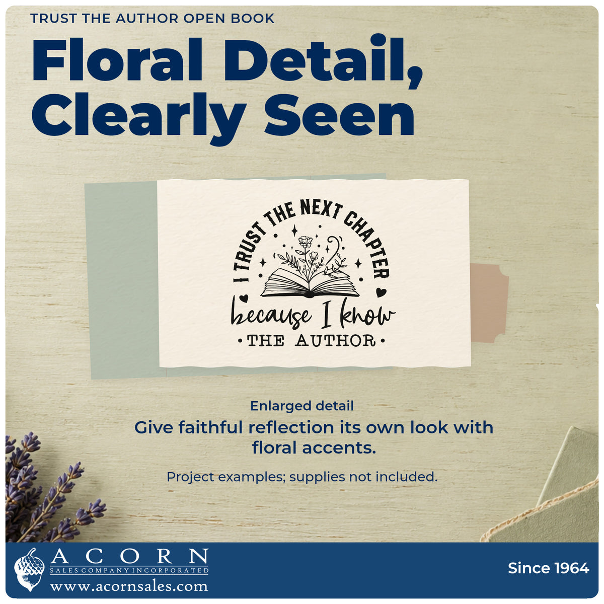 Trust The Author Open Book Floral Accents Hand Stamp – Duo design shown close up for craft and DIY project inspiration.