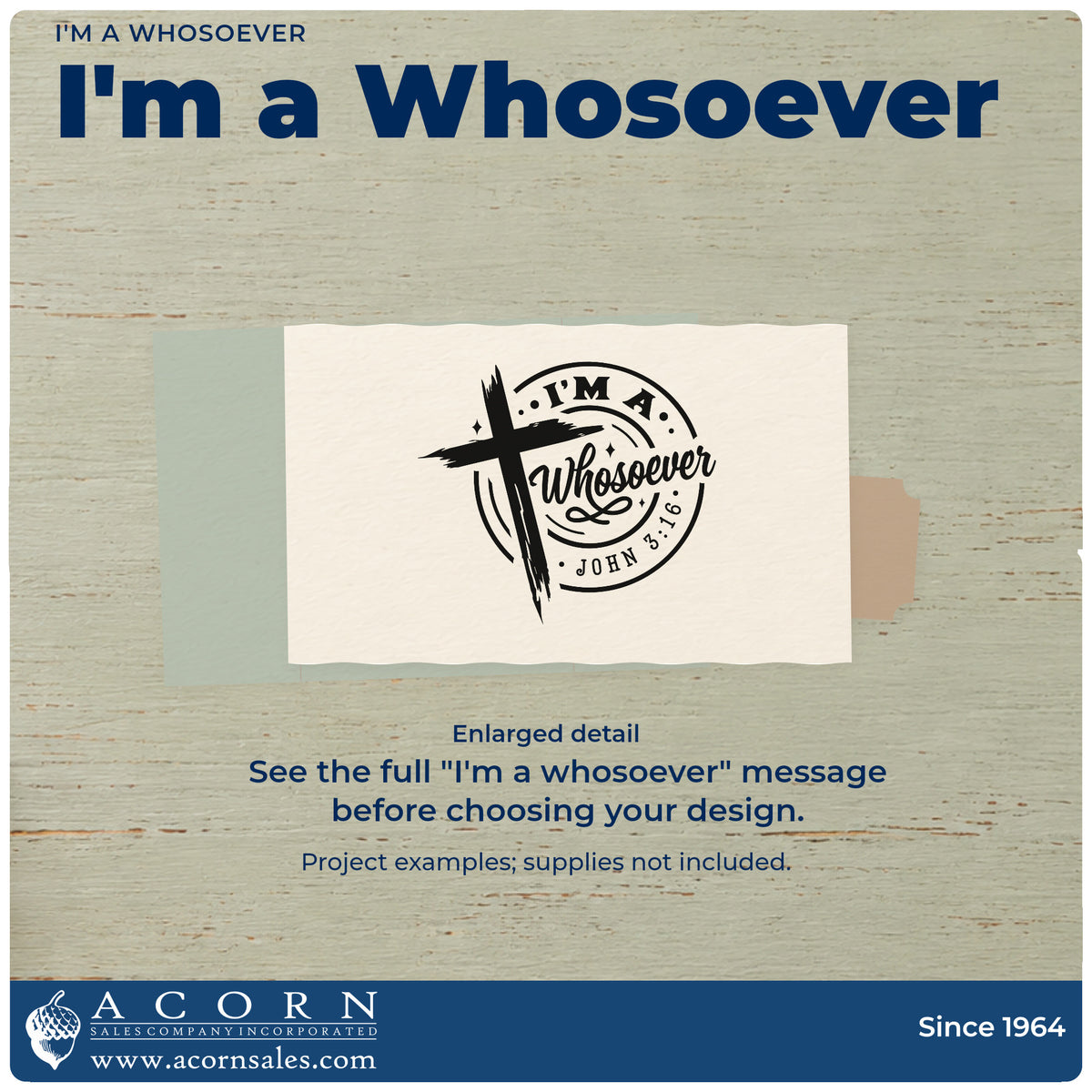 Enlarged detail of the Pre-Inked I'm A Whosoever Brushstroke Cross Stamp – PSI imprint. A brushstroke cross overlaps a circular "I'm a whosoever" design with John 3:16.
