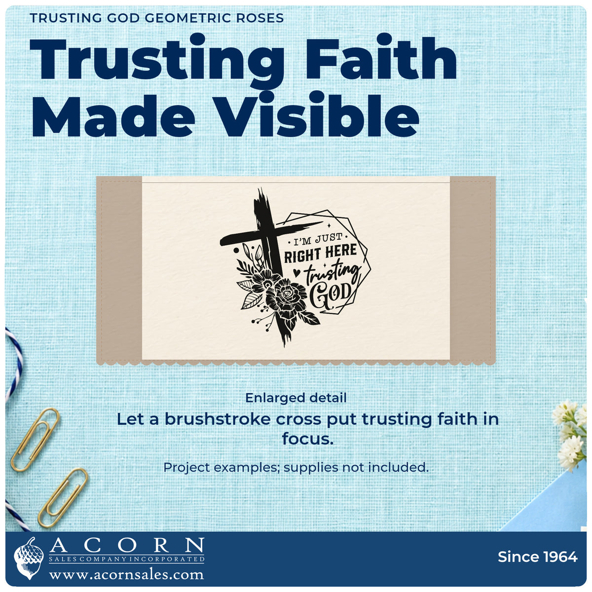 Enlarged detail of the Trusting God Geometric Roses Brushstroke Cross Hand Stamp – Duo imprint. A geometric frame, dark roses, and a brushstroke cross accompany "I'm just right here trusting God."