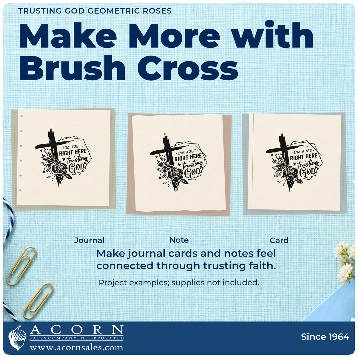 Three project examples made with the Trusting God Geometric Roses Brushstroke Cross PSI Pre-Inked Stamp, including wine bottle hangers.