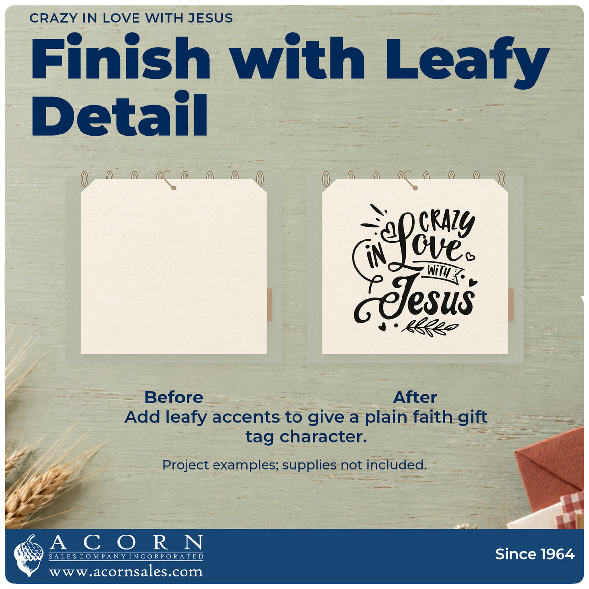 Before and after of a plain item finished with the Crazy In Love With Jesus Leaf Accents PSI Pre-Inked Stamp, a quick upgrade for baptism robe bags.