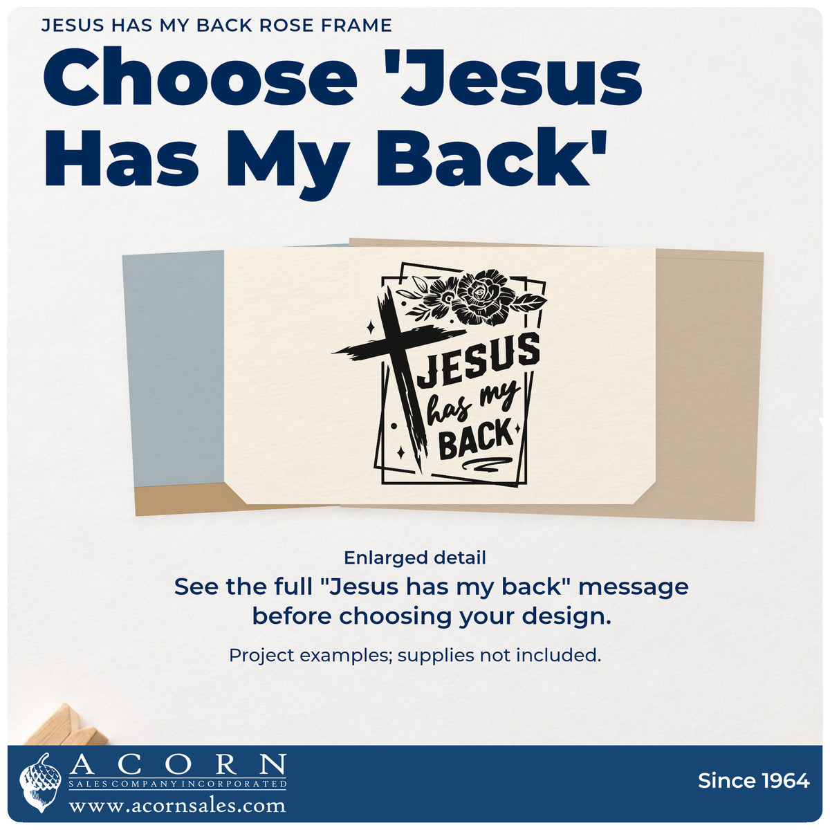 Enlarged detail of the Jesus Has My Back Rose Framed Lettering Rubber Stamp – Wood Handle imprint. A brushstroke cross and dark roses overlap rectangular frames around "Jesus has my back."