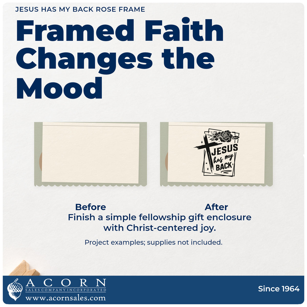 Before and after of a plain item finished with the Jesus Has My Back Rose Framed Lettering Rubber Stamp – Wood Handle, a quick upgrade for trucker visor cards.