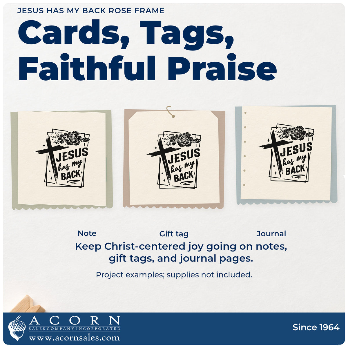 Three project examples made with the Jesus Has My Back Rose Framed Lettering Rubber Stamp – Wood Handle, including sports banquet programs.