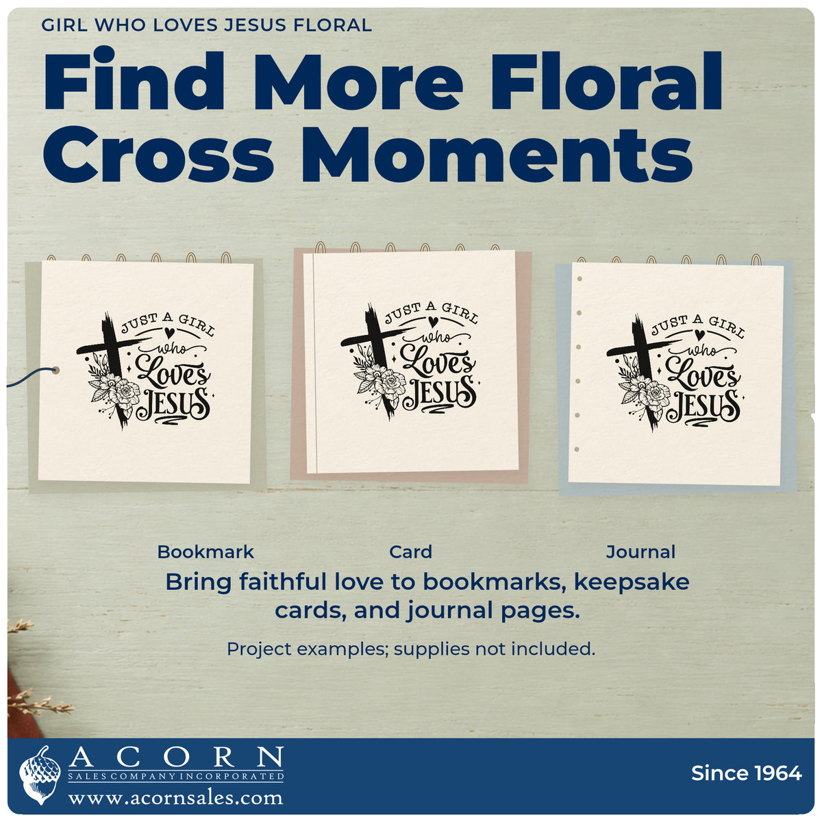 Three project examples made with the Just A Girl Who Loves Jesus Brushstroke Cross Wood-Mounted Rubber Stamp, including sleepover journal pages.