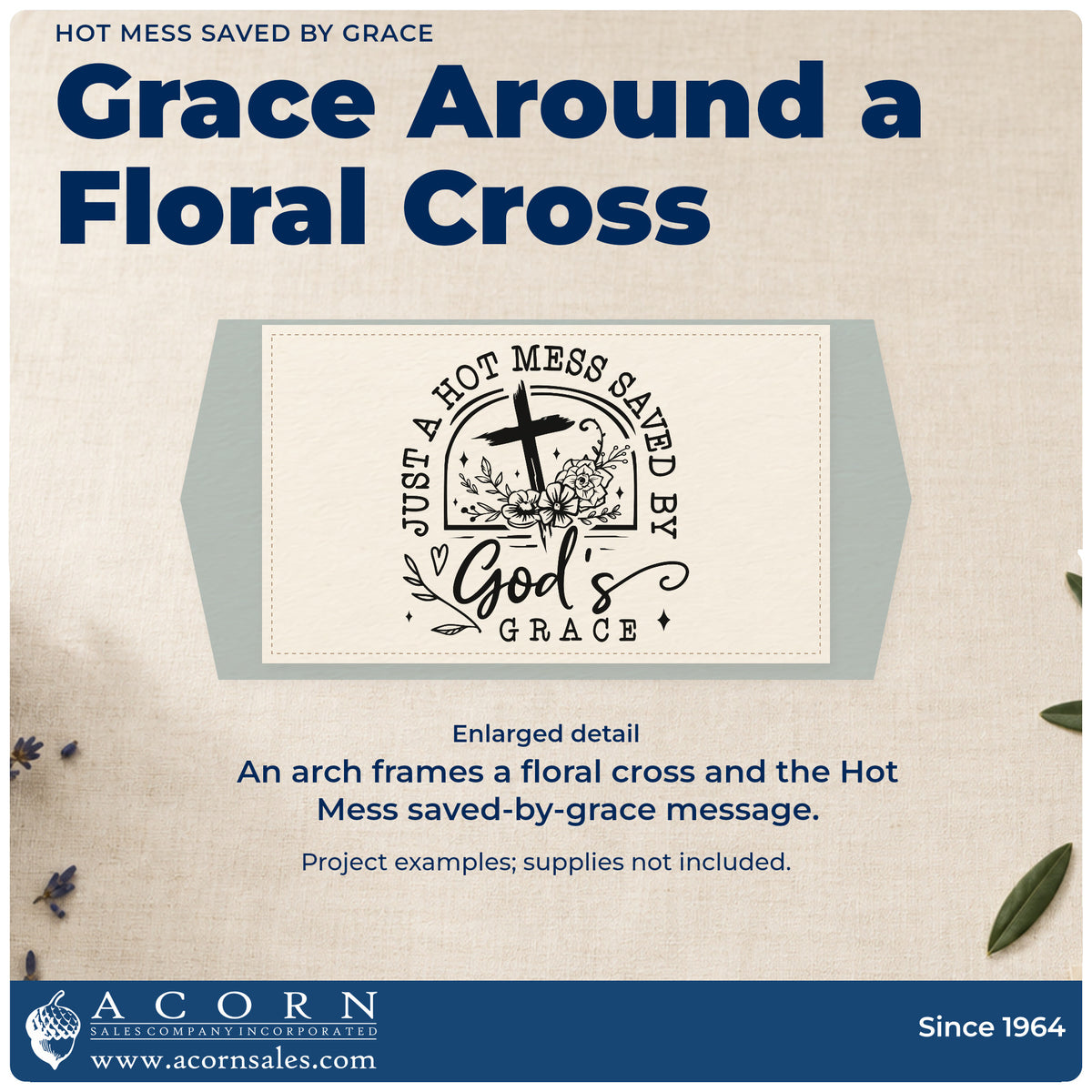 Enlarged detail of the Just A Hot Mess Saved By God's Grace Slim Pre-Inked Stamp imprint. A floral cross sits inside an arch surrounded by "Just a hot mess saved by God's grace."